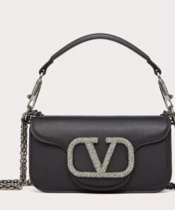 Replica Valentino Small Loco Shoulder Black Bag with Crystals Logo