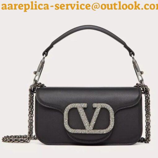 Replica Valentino Small Loco Shoulder Black Bag with Crystals Logo