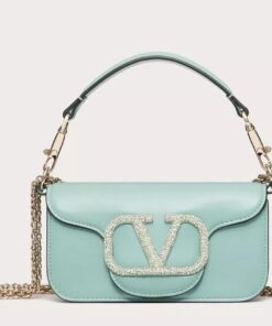 Replica Valentino Small Loco Shoulder Light Green Bag with Crystals Logo