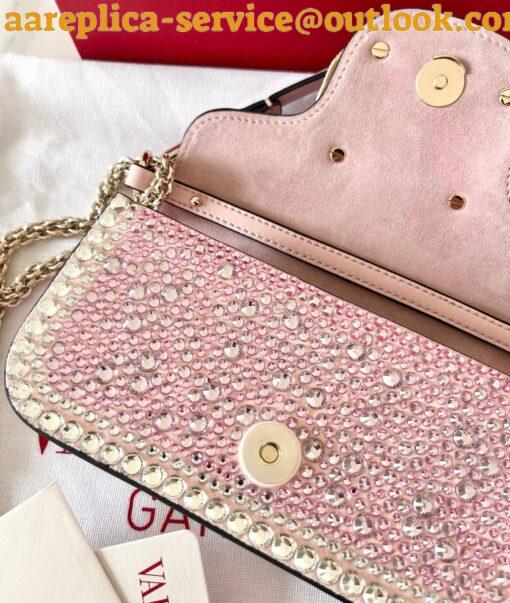 Replica Valentino Small Loco Shoulder Pink Bag with Rhinestone Applique 6