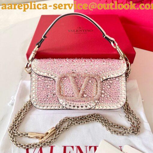 Replica Valentino Small Loco Shoulder Pink Bag with Rhinestone Applique 7