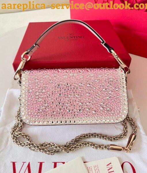 Replica Valentino Small Loco Shoulder Pink Bag with Rhinestone Applique 9