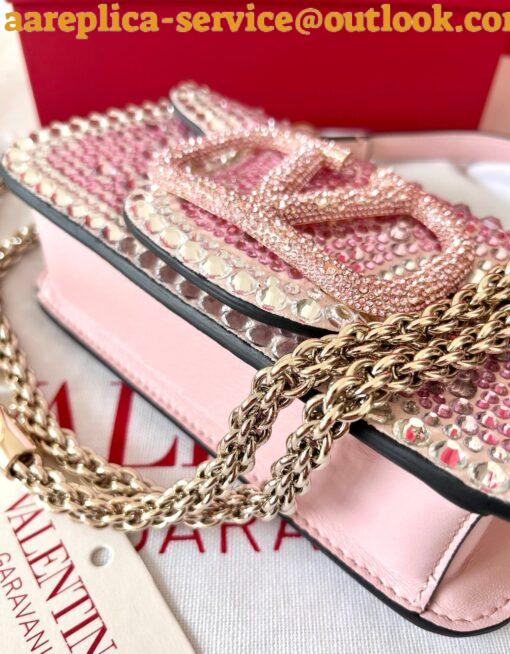 Replica Valentino Small Loco Shoulder Pink Bag with Rhinestone Applique 10