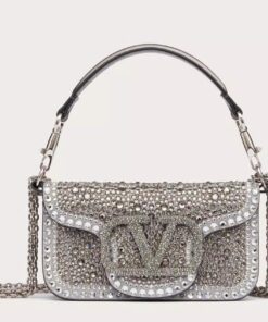 Replica Valentino Small Loco Shoulder Silver Bag with Rhinestone Applique