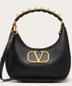 Replica Valentino Stud Sign Hobo Bag In Black Calfskin