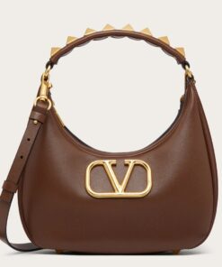 Replica Valentino Stud Sign Hobo Bag In Dark Brown Calfskin