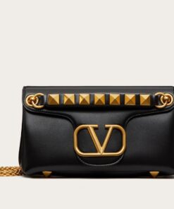 Replica Valentino Stud Sign Shoulder Bag In Black Nappa Leather