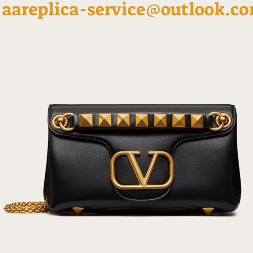 Replica Valentino Stud Sign Shoulder Bag In Black Nappa Leather