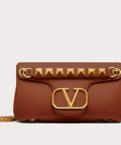 Replica Valentino Stud Sign Shoulder Bag In Brown Nappa Leather