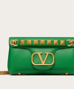 Replica Valentino Stud Sign Shoulder Bag In Green Nappa Leather