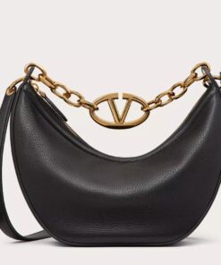 Replica Valentino VLogo Moon Small Hobo Bag with Chain in Black Leather