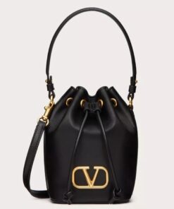 Replica Valentino VLogo Signature Mini Bucket Bag in Black Calfskin