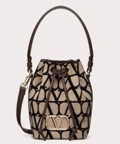 Replica Valentino VLogo Signature Mini Bucket Bag in Black Toile Iconographe